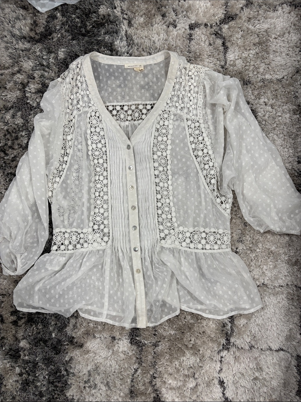 Meadow Rue White Lace Peplum Blouse with Pintuck Front
